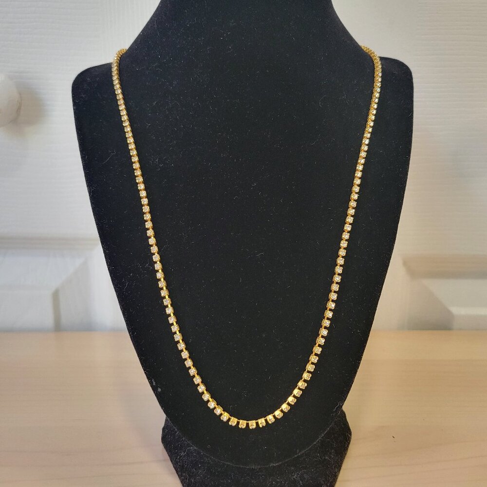 Gold Tone Linked Square Clear Rhinestone Crystal Cup Chain 24" Necklace EUC